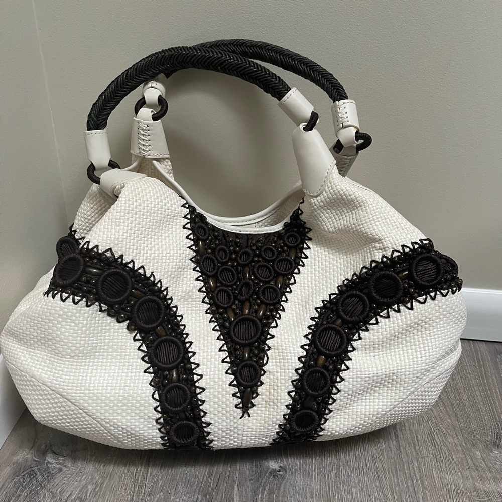 Cole Haan Alyssa Ivory Straw Handbag with Brown Beading